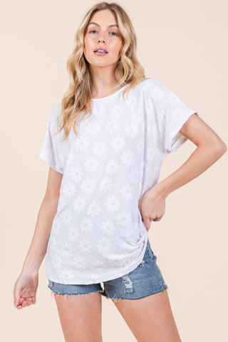 BOMBOM Floral Textured Short Sleeve T-Shirt Trendsi