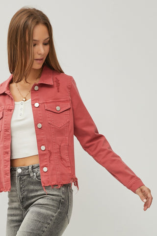 RISEN Raw Hem Button Up Cropped Denim Jacket Trendsi