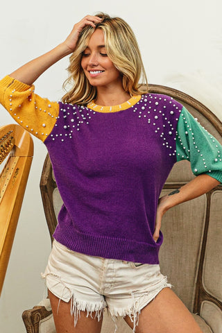 BiBi Color Block Pearl Detail Round Neck Sweater Trendsi