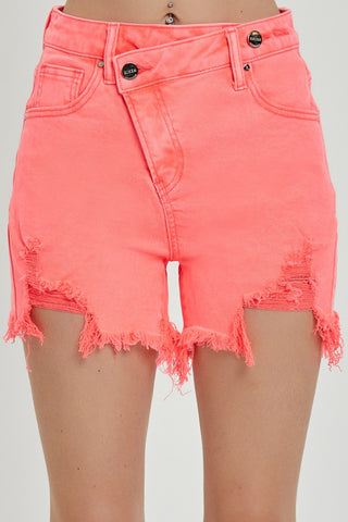 RISEN Raw Hem Asymmetrical Waist Denim Shorts Trendsi