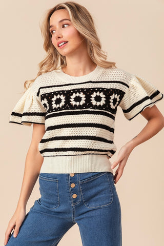 BiBi Granny Square Short Sleeve Striped Sweater Trendsi