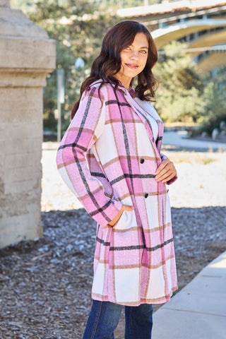 Double Take Full Size Plaid Button Up Lapel Collar Coat Trendsi