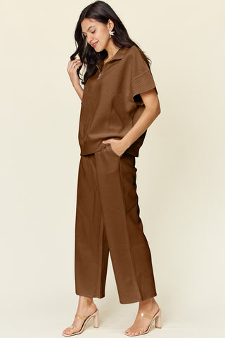 Double Take Full Size Texture Half Zip Short Sleeve Top and Pants Set Trendsi