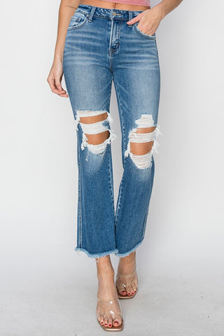 RISEN Mid Rise Distressed Cropped Flare Jeans Trendsi