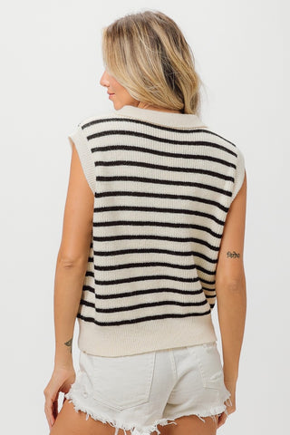 BiBi Flower Patch Striped Half Button Sweater Vest Trendsi