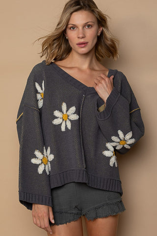 POL V-Neck Floral Pattern Chenille Sweater Trendsi