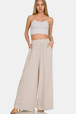 Zenana Pleated Linen Blend Wide Leg Pants Trendsi