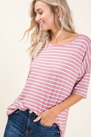 BOMBOM Striped Round Neck Half Sleeve T-Shirt Trendsi