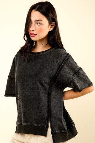 VERY J Round Neck Exposed Seam Slit T-Shirt Trendsi