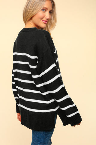 Haptics Full Size Striped Contrast Side Slit Sweater Trendsi