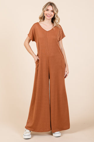 BOMBOM Ribbed Short Sleeve Wide Leg Jumpsuit Trendsi