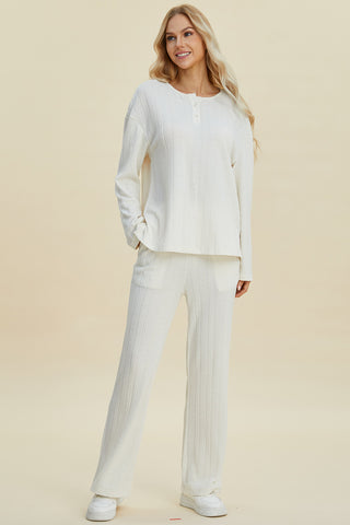 Double Take Full Size Cable-Knit Long Sleeve Top and Pants Set Trendsi