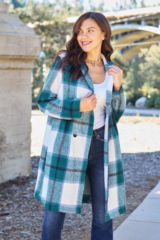 Double Take Full Size Plaid Button Up Lapel Collar Coat Trendsi