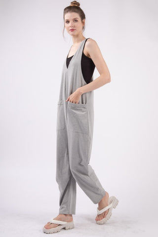 VERY J  Plunge Sleeveless Jumpsuit with Pockets Trendsi