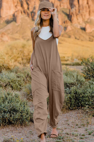 Double Take Full Size V-Neck Sleeveless Jumpsuit with Pockets Trendsi