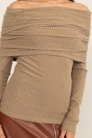 HYFVE Fuzzy Off Shoulder Textured Knit Top Trendsi