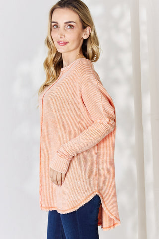 Zenana Oversized Washed Waffle Long Sleeve Top Trendsi