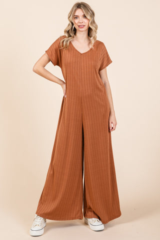 BOMBOM Ribbed Short Sleeve Wide Leg Jumpsuit Trendsi