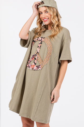 SAGE + FIG Full Size Peace Sign Applique Short Sleeve Tee Dress Trendsi