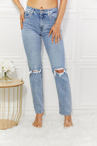 Kancan High Rise Distressed Slim Straight Jeans Trendsi