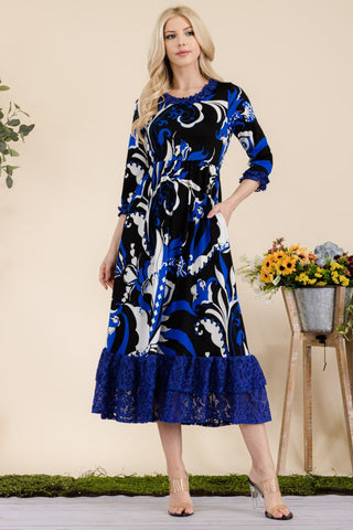 Celeste Full Size Paisley Print Lace Ruffled Midi Dress Trendsi