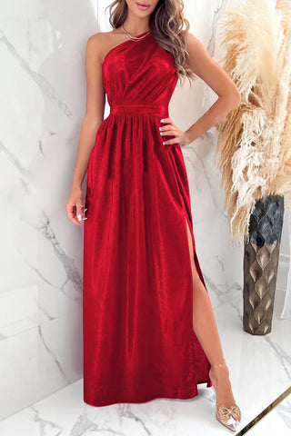 One Shoulder Slit Ruched Maxi Dress Trendsi