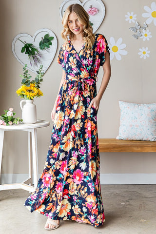 Heimish Full Size Floral Surplice Tie Waist Maxi Dress Trendsi