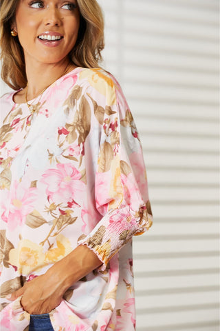 Double Take Floral Round Neck Three-Quarter Sleeve Top Trendsi