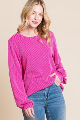 BOMBOM Long Sleeve Curved Hem Ribbed T-Shirt Trendsi