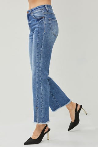 RISEN High Waist Raw Hem Slit Straight Jeans Trendsi