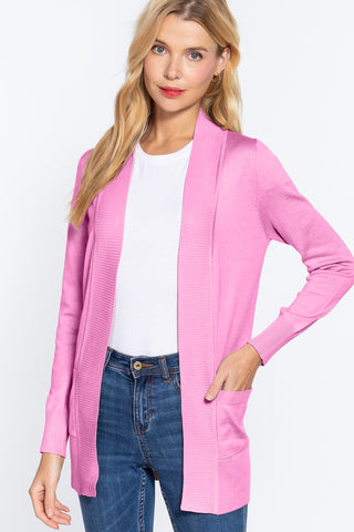 ACTIVE BASIC Ribbed Trim Open Front Cardigan Trendsi