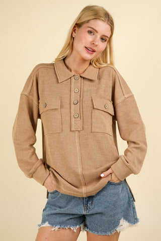 VERY J Collared Half Button Knit Top with Pockets Trendsi