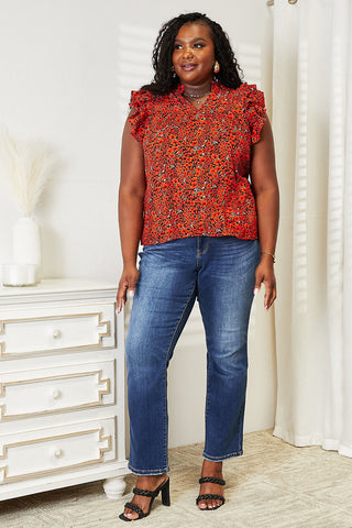 Double Take Floral Flutter Sleeve Notched Neck Blouse Trendsi