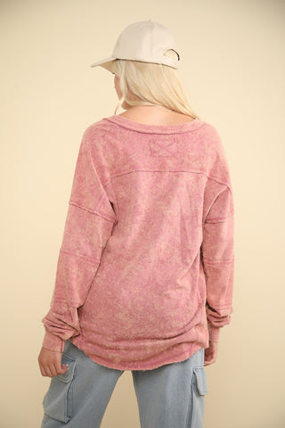 VERY J Washed V-Neck Exposed Seam Knit Top Trendsi