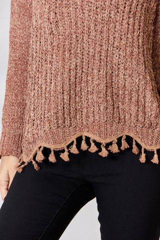 BiBi Tassel Trim Long Sleeve Sweater Trendsi