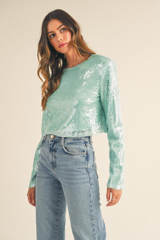 MABLE Shoulder Padded Sequin Crop Top Trendsi