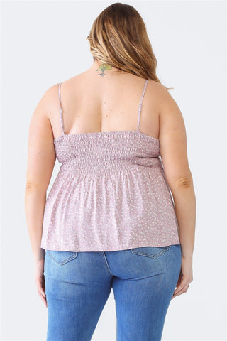 Zenobia Plus Size Frill Smocked Floral Sweetheart Neck Cami Trendsi