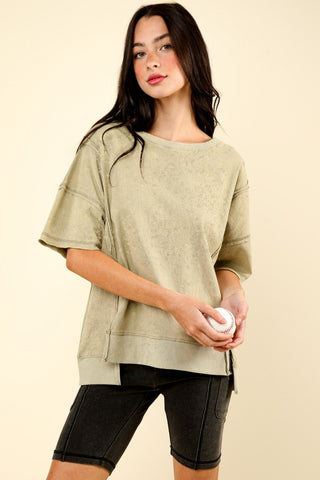 VERY J Round Neck Exposed Seam Slit T-Shirt Trendsi