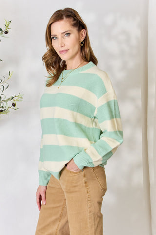 Sew In Love Full Size Contrast Striped Round Neck Sweater Trendsi