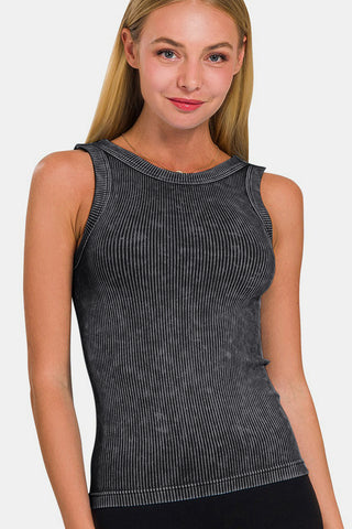 Zenana 2 Way Neckline Washed Ribbed Cropped Tank Trendsi