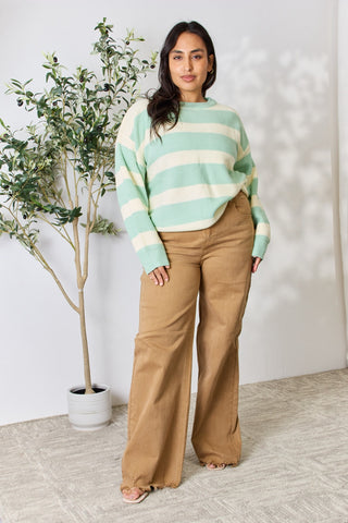 Sew In Love Full Size Contrast Striped Round Neck Sweater Trendsi