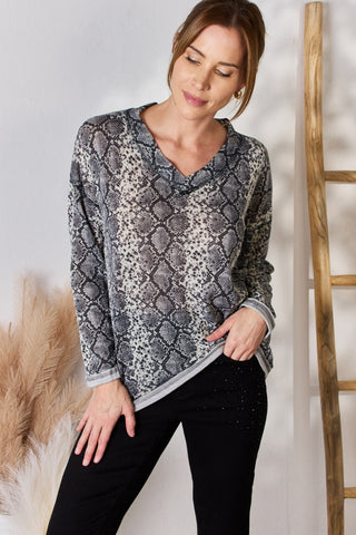 Hailey & Co Full Size Snakeskin V-Neck Long Sleeve Top Trendsi