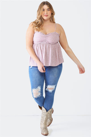 Zenobia Plus Size Frill Smocked Floral Sweetheart Neck Cami Trendsi