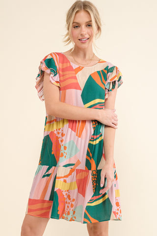 And The Why Printed Double Ruffle Sleeve Dress Trendsi