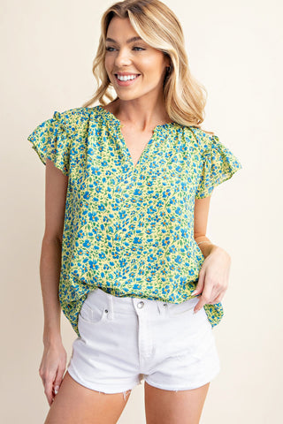 Kori America Floral Notched Ruffled Cap Sleeve Blouse Trendsi