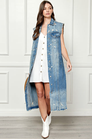 Veveret Full Size Distressed Sleeveless Longline Denim Jacket Trendsi