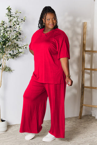 Double Take Full Size Round Neck Slit Top and Pants Set Trendsi