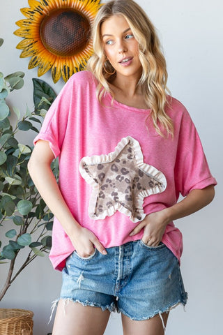 HOPELY Leopard Star Patch Short Sleeve T-Shirt Trendsi