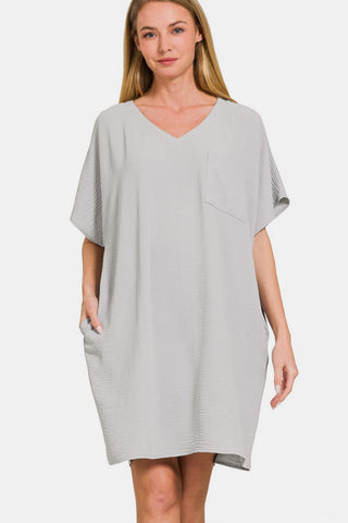 Zenana V-Neck Tee Dress with Pockets Trendsi