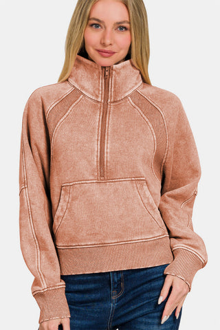 Zenana Acid Washed Half Zip Fleece Sweatshirt Trendsi